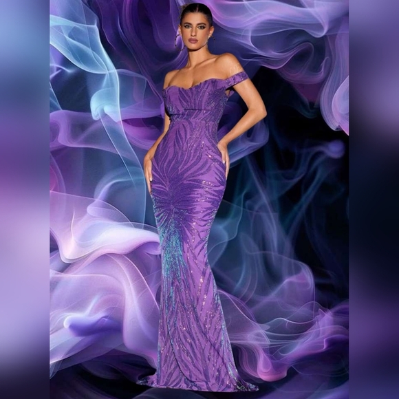 Love & Lemonade Sequin Off-the-Shoulder Gown - Picture 1 of 16